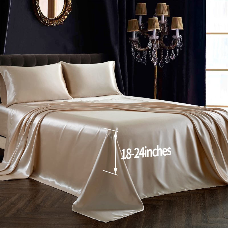 SiinvdaBZX 4Pcs Extra Deep Pocket Satin Sheet Set King Size  Ultra Silky Soft Beige Satin King Bed Sheets Deep Fitted Sheet Set Fits 18-24 Inch Deep Pocket Mattress - Image 2